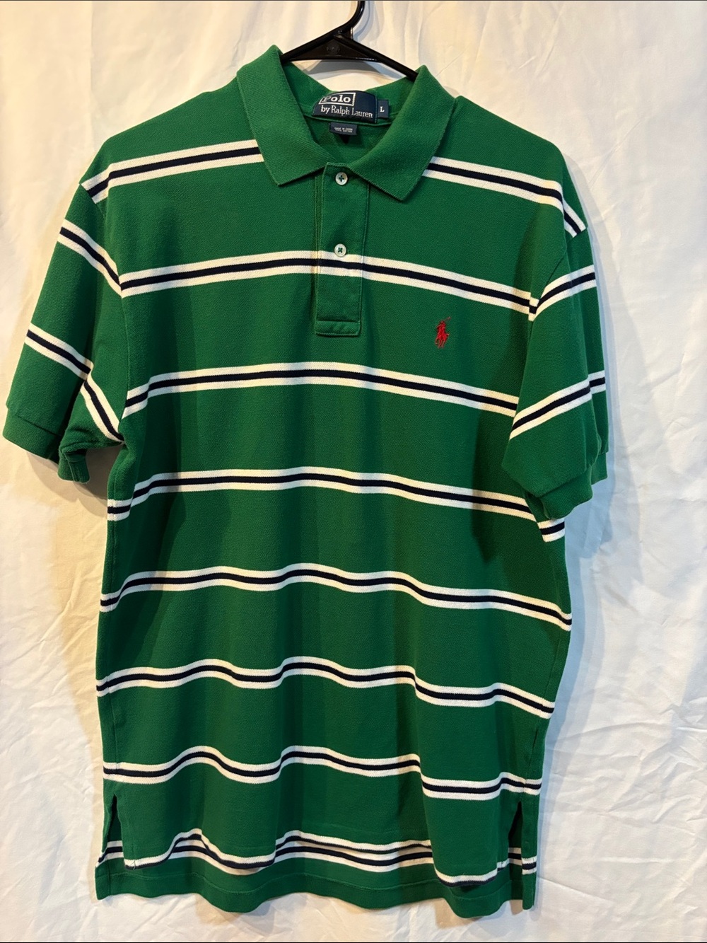 Polo Ralph Lauren Men’s Green Striped Polo Shirt Large Classic Fit Short Sleeve